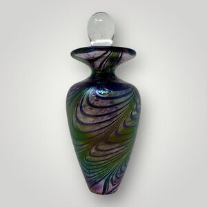 Signed Robert Held Blue Purple Iridescent Art Glass Perfume Bottle‎ 4" Stopper